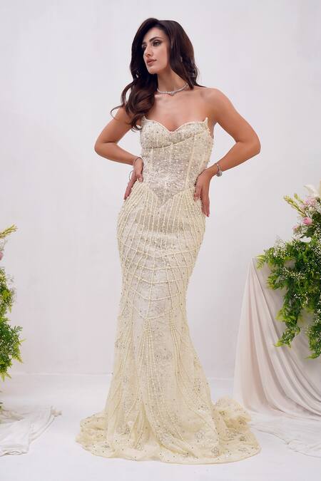 Buy_Shourya Gatha_Off White Chantelle, Lace Beads, Crystals, Sequins, Chantilly Mermaid Gown 