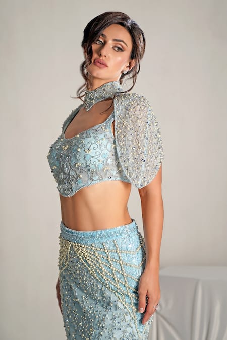 Buy_Shourya Gatha_Blue Tulle, Net Beads, Crystals, Sequins, Pearls, Sea Spray Siren Lehenga Set _Online_at_Aza_Fashions
