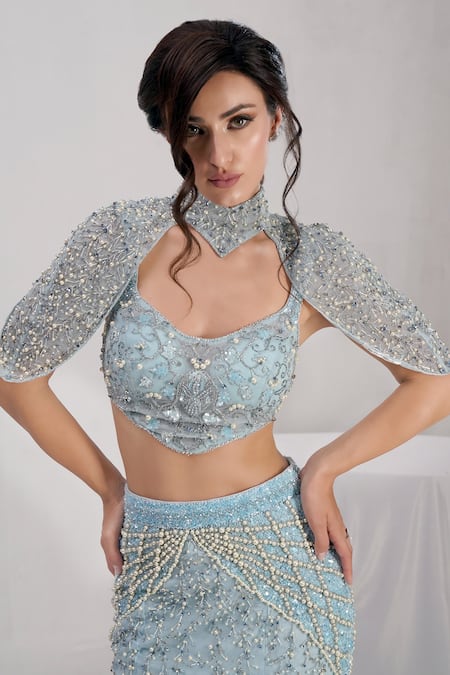 Shop_Shourya Gatha_Blue Tulle, Net Beads, Crystals, Sequins, Pearls, Sea Spray Siren Lehenga Set 