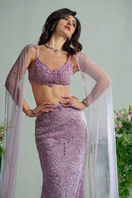 Shop_Shourya Gatha_Purple Net, Tulle Beads, Crystals, Celestial Bloom Embroidered Lehenga Set _Online_at_Aza_Fashions