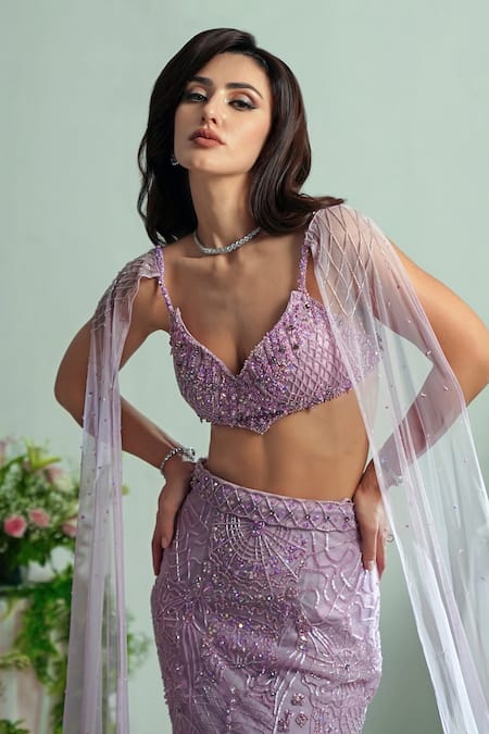 Shourya Gatha_Purple Net, Tulle Beads, Crystals, Celestial Bloom Embroidered Lehenga Set _at_Aza_Fashions