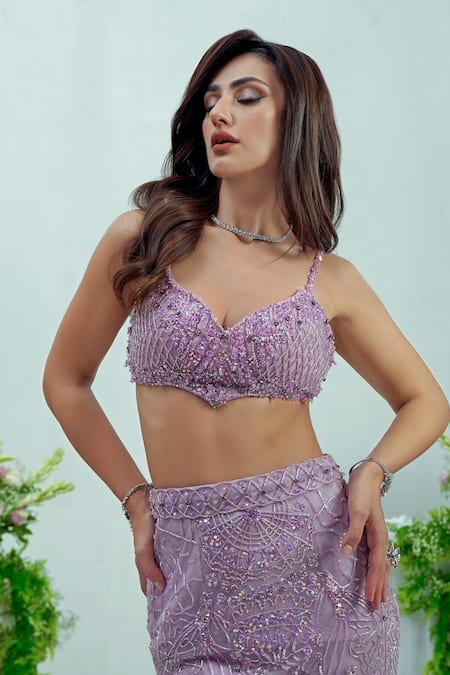Shop_Shourya Gatha_Purple Net, Tulle Beads, Crystals, Celestial Bloom Embroidered Lehenga Set 