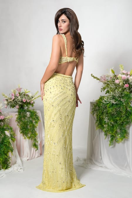Shourya Gatha_Yellow Net, Tulle Beads, Crystals, Sequins Butter Embroidered Lehenga Set _Online_at_Aza_Fashions