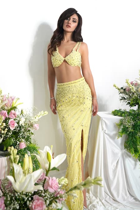 Buy_Shourya Gatha_Yellow Net, Tulle Beads, Crystals, Sequins Butter Embroidered Lehenga Set _Online_at_Aza_Fashions