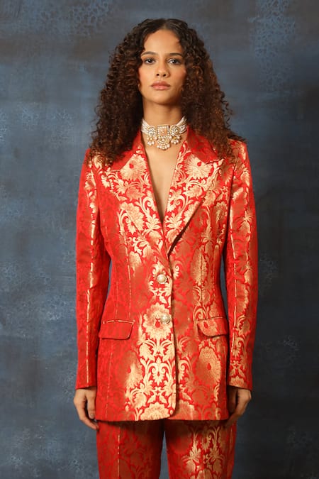 Buy_Swatee Singh_Red Brocade Pattern Blazer And Pant Set _Online_at_Aza_Fashions