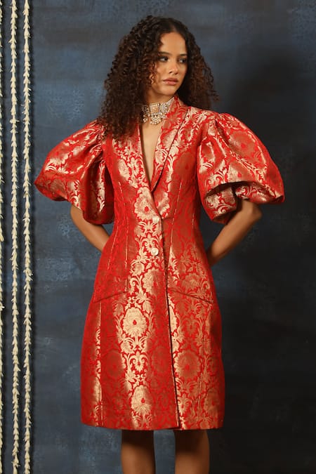 Swatee Singh_Red Brocade V-neck Blazer Dress _Online_at_Aza_Fashions