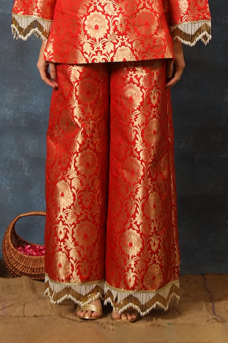 Swatee Singh_Red Brocade Pearls, Zari, Beads Boat Neck Pattern Kurta And Pant Set _Online_at_Aza_Fashions
