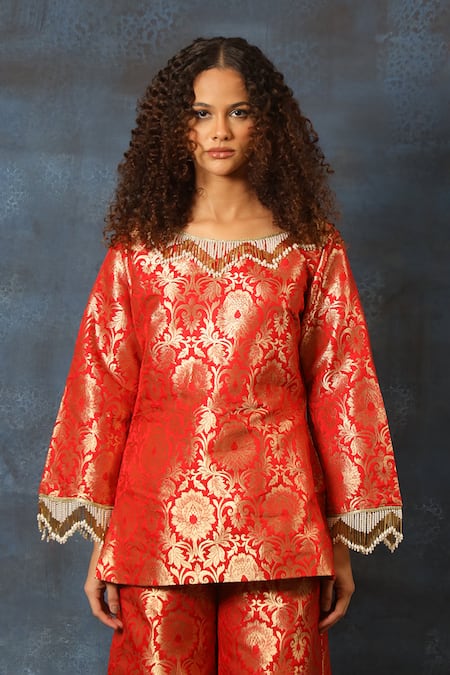 Buy_Swatee Singh_Red Brocade Pearls, Zari, Beads Boat Neck Pattern Kurta And Pant Set _Online_at_Aza_Fashions