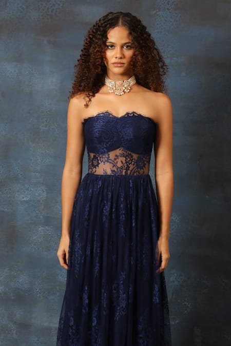 Swatee Singh_Navy Georgette Lace Bandeau Neck Chantilly And Gown _Online_at_Aza_Fashions