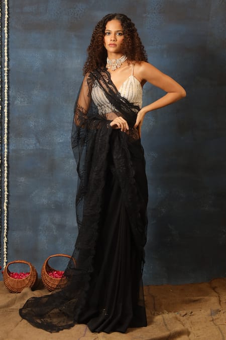 Swatee Singh Chantilly Lace Saree With Embroidered Blouse 