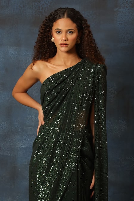 Swatee Singh_Green Sequins One Shoulder Saree With Blouse _Online_at_Aza_Fashions