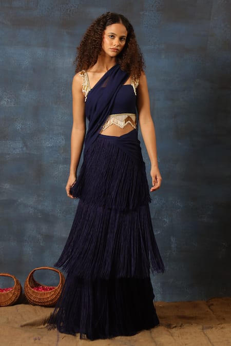 Swatee Singh Fringe Pre-Stitched Saree With Embellished Blouse 