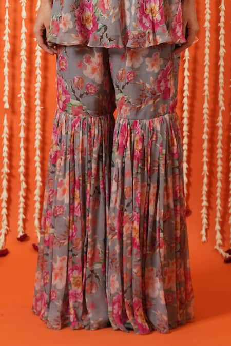 Swatee Singh_Gray Georgette Mandarin Collar Digital Floral Print Top And Sharara Set _Online_at_Aza_Fashions