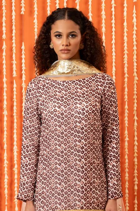 Buy_Swatee Singh_Maroon Georgette, Net Lace, Zari Boat Neck, Bandhani Digital Print Kurta Set _Online_at_Aza_Fashions