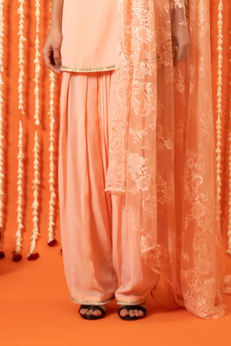 Swatee Singh_Pink Crepe, Chantelle Lace Round Neck Kurta Salwar Set _Online_at_Aza_Fashions