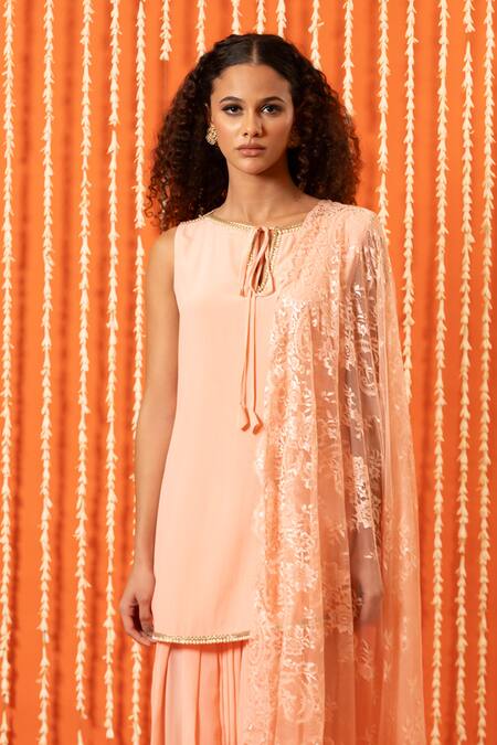 Buy_Swatee Singh_Pink Crepe, Chantelle Lace Round Neck Kurta Salwar Set _Online_at_Aza_Fashions