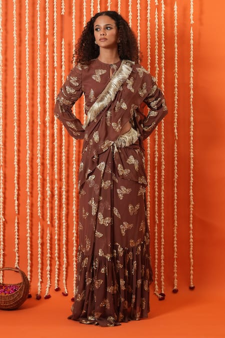 Swatee Singh Gold Foil Butterfly Pre-Stitched Saree With Blouse 