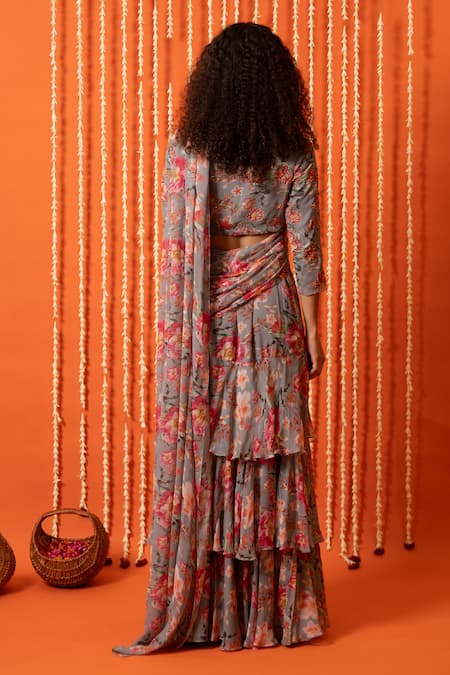 Swatee Singh Floral Hand Embroidered Pre-Draped Saree With Blouse 