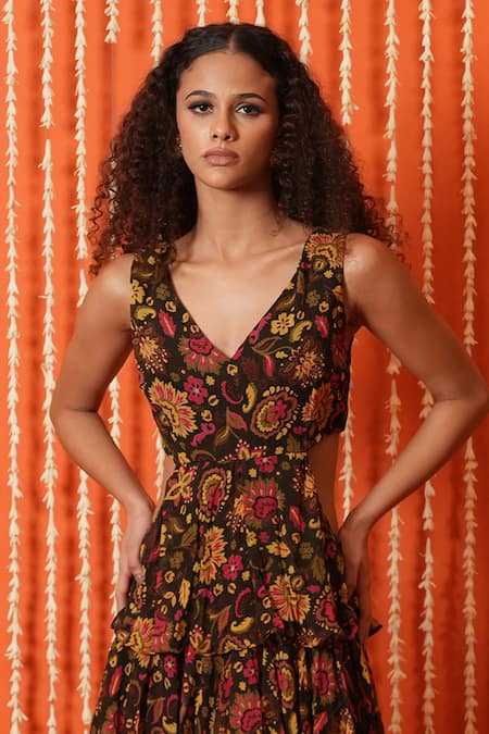 Swatee Singh_Olive Green Georgette V-neck Digital Print Tiered Dress _Online_at_Aza_Fashions