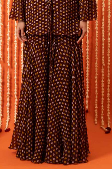 Swatee Singh_Brown Georgette V-neck Bandhani Digital Print Kurta Sharara Set _Online_at_Aza_Fashions