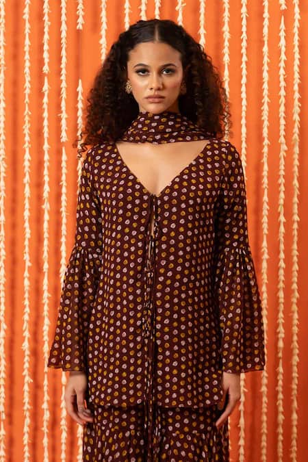 Buy_Swatee Singh_Brown Georgette V-neck Bandhani Digital Print Kurta Sharara Set _Online_at_Aza_Fashions
