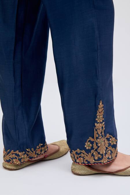 Kora_Navy Chanderi Silk Embroidery, Beads, Sequins Dori Pants _Online_at_Aza_Fashions