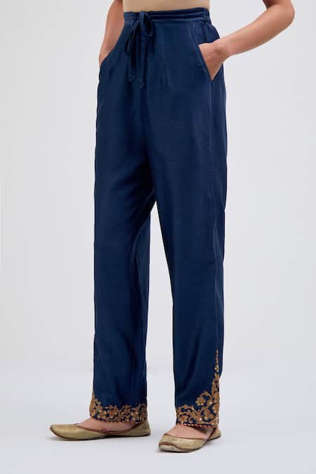 Buy_Kora_Navy Chanderi Silk Embroidery, Beads, Sequins Dori Pants _Online_at_Aza_Fashions
