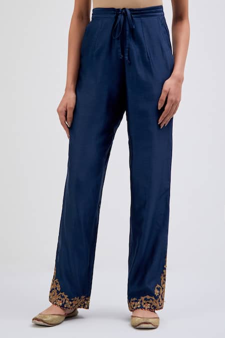 Shop_Kora_Navy Chanderi Silk Embroidery, Beads, Sequins Dori Pants _Online_at_Aza_Fashions