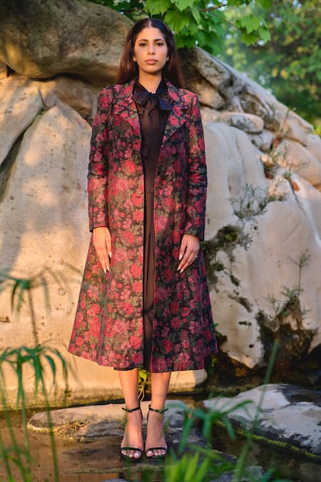 Safaa_Black Silk Embroidery Collared La Vie En Rose Woven Blazer Skirt Set _at_Aza_Fashions