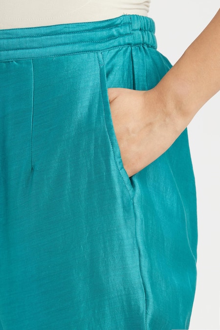 Kora_Teal Silk, Chanderi Embroidery, Beads, Sequins Dori Pants _Online_at_Aza_Fashions