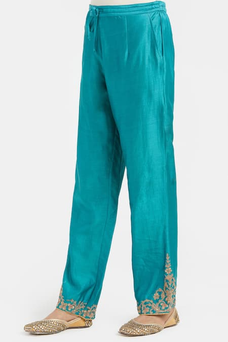 Buy_Kora_Teal Silk, Chanderi Embroidery, Beads, Sequins Dori Pants _Online_at_Aza_Fashions