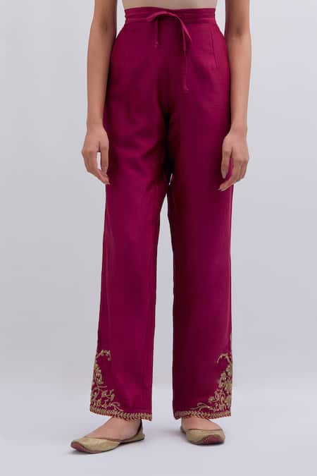 Kora_Fuchsia Chanderi Silk Embroidery, Beads, Sequins Dori Pants _Online_at_Aza_Fashions