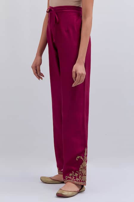 Buy_Kora_Fuchsia Chanderi Silk Embroidery, Beads, Sequins Dori Pants _Online_at_Aza_Fashions