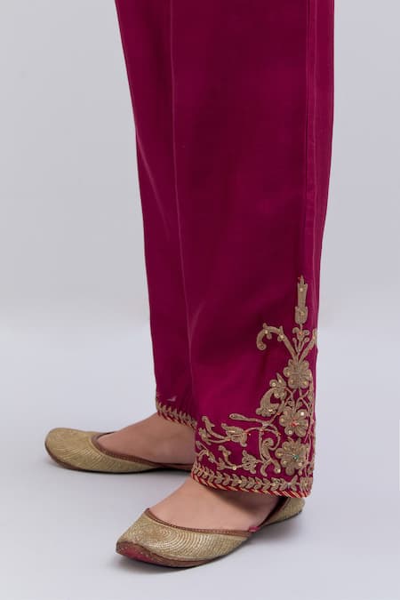 Kora_Fuchsia Chanderi Silk Embroidery, Beads, Sequins Dori Pants _at_Aza_Fashions