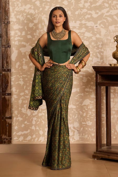 Akashi Clothing Ajrakh Printed Saree With Corset Blouse 