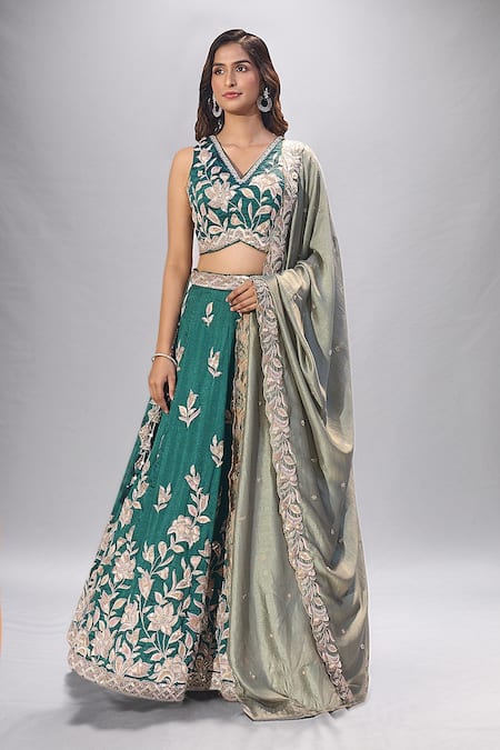 Samyukta Singhania Green Silk Embroidery, Sequins V-neck Lehenga Blouse Set 