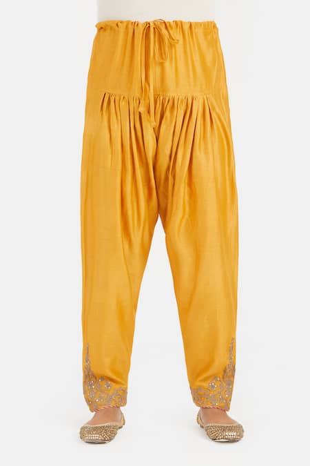 Kora_Yellow Silk, Chanderi Embroidery, Beads, Sequins Dori Salwar _Online_at_Aza_Fashions