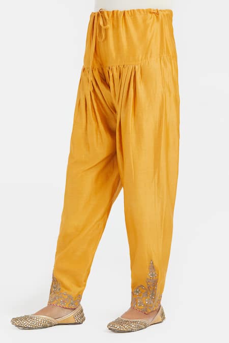 Shop_Kora_Yellow Silk, Chanderi Embroidery, Beads, Sequins Dori Salwar _Online_at_Aza_Fashions