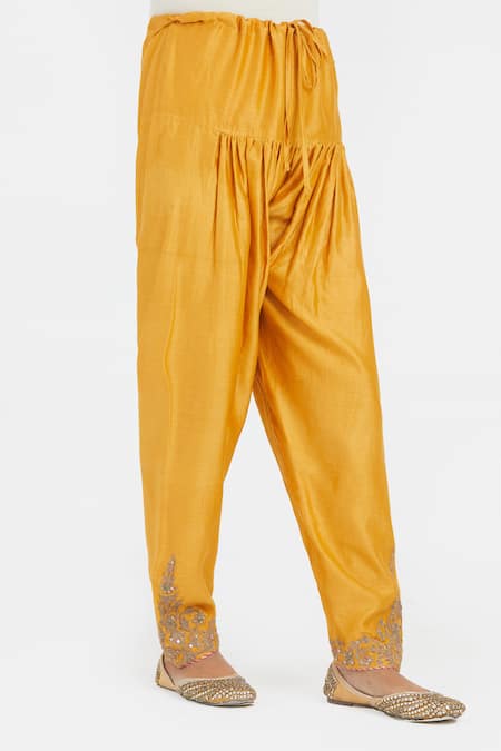 Kora_Yellow Silk, Chanderi Embroidery, Beads, Sequins Dori Salwar _at_Aza_Fashions