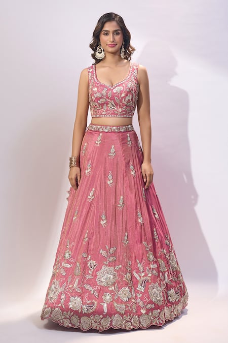 Shop_Samyukta Singhania_Pink Tissue Embroidery, Sequins, Zari Sweetheart Neck Lehenga Set _Online_at_Aza_Fashions