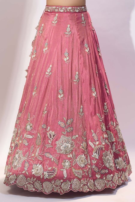 Buy_Samyukta Singhania_Pink Tissue Embroidery, Sequins, Zari Sweetheart Neck Lehenga Set 