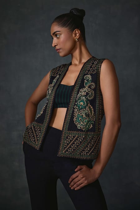 Namrata Joshipura Black Satin Beads Open Neck Paisley Hand Embellished Jacket Online at Aza Fashions Namrata Joshipura_Black Satin Beads Open Neck Paisley Hand Embellished Jacket _Online_at_Aza_Fashions