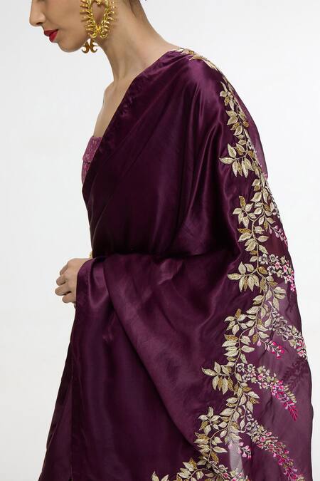 Buy_Ekaya Banaras_Purple Satin Embroidery, Metallic Thread Handwoven Garnet Saree 