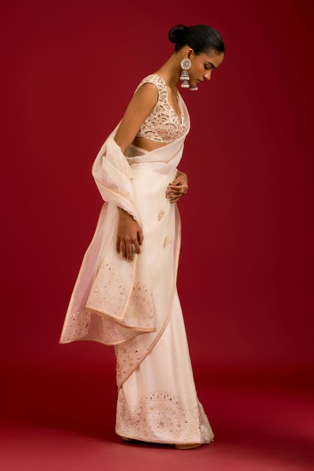 Buy_Devnaagri_Ivory Modal, Satin, Organza, Mirrors, Sequins, And Saree With Blouse 
