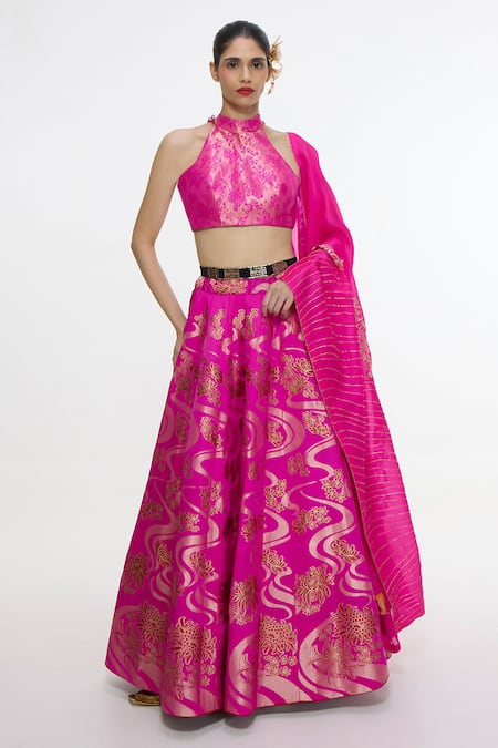 Ekaya Banaras Floral & Waves Handwoven Pattern Lehenga Set 
