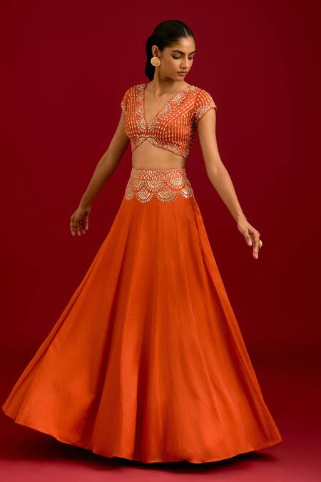 Buy_Devnaagri_Orange Cotton Satin, Silk, Organza Mirrors, Sequins, Embroidery Work Lehenga Set 