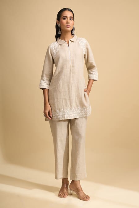 Naintara Bajaj Embroidered Linen Kurta & Pant Set