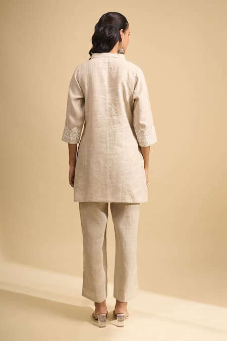 Naintara Bajaj Embroidered Linen Kurta & Pant Set