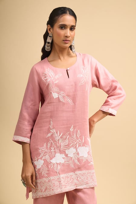 Naintara Bajaj_Pink Linen Embroidery Round , Keyhole Kurta And Pant Set _at_Aza_Fashions