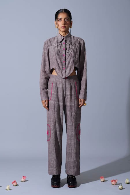 Buy_Quod_Brown Cotton, Linen Collared Cropped Chapel Shirt 